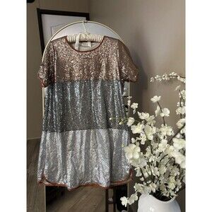 SOUTHERN STITCH Lined MY TIME TO SHINE Rose Gold/Silver‎ SEQUIN Shift Dress L